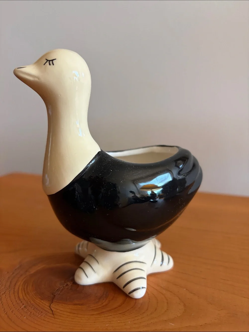 Ceramic Black and Cream Duck Figurine Planter